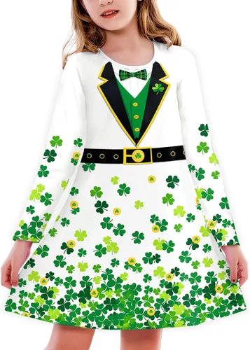 Vista 32 de Deerose Vestido de manga larga para niñas del día de San Patricio Mardi Gras, de 3 a 14 años Navidad café