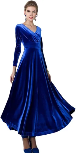 Vista 7 de Urban CoCo Vestido largo de terciopelo elástico con manga larga y cuello en V para mujer Negro