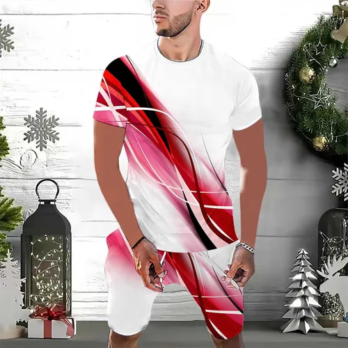 Vista 2 de SHENGXINY Conjunto de pantalones cortos de verano para hombre, estampado 3D, camisa de manga corta y pantalones cortos, traje deportivo de 2 piezas