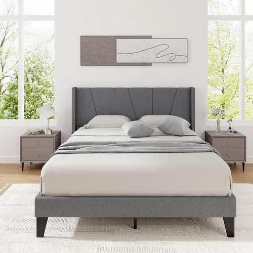 Vista 4 de KOMFOTT Base de cama tapizada tamaño Queen con cabecera con respaldo de ala, plataforma moderna con soporte de listones de madera, base de colchón