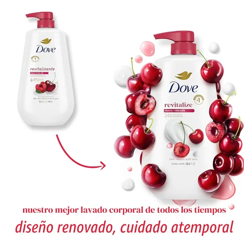 Vista 3 de Dove Gel de baño con bomba de leche revitalizante de cereza y chía, para una piel renovada y saludable, limpiador hidratante de piel suave