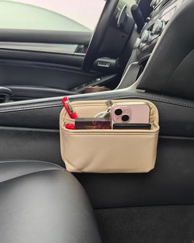 Vista 4 de Bolsa de almacenamiento para automóvil del conductor, organizador de bolsillo lateral pequeño para asientos de automóvil, puertas y consolas, cuero
