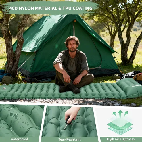 Vista 4 de Colchoneta de dormir para campamento, diseño conectable para doble colchoneta, colchoneta inflable ultraligera con almohada, bomba de pie
