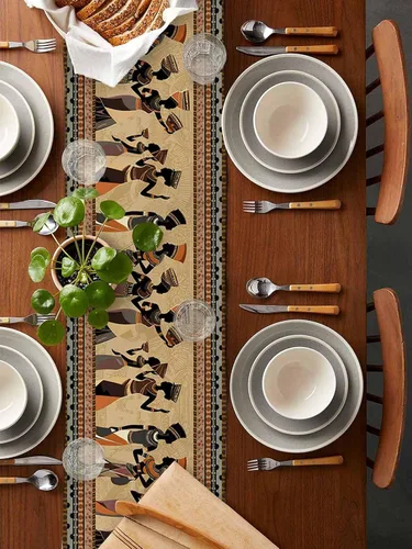 Vista 2 de Camino de mesa de mujer africana y manteles individuales para mesa de comedor, camino de mesa de tribu étnica de arte americano de 90 pulgadas