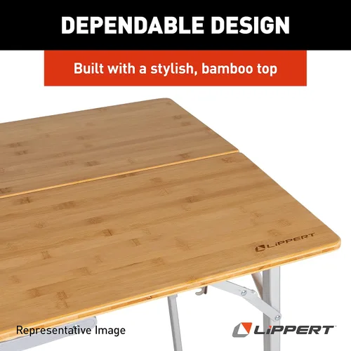 Vista 7 de Lippert - Mesa de campamento ajustable de bambú biplegable, superficie de mesa de 39-1/2" x 28-1/2" x 27-1/2", parte superior de madera lisa, patas