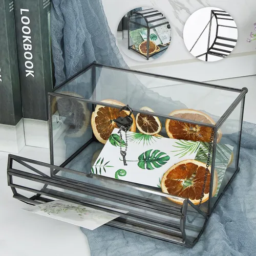Vista 7 de HighFree Caja grande de cristal para tarjetas de boda de 12.2 pulgadas con ranura y cerradura, terrario geométrico de cobre hecho a mano, caja
