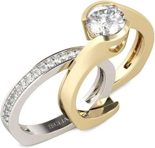 Vista 7 de Jeulia Anillo asimétrico de 2,5 quilates para mujer de corte redondo de diamantes de 14 quilates chapado en oro de 14 quilates anillos de compromiso