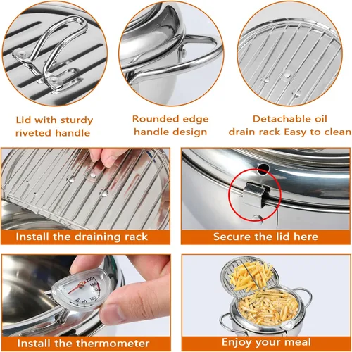 Vista 5 de Olla de 8.2 pulgadas de profundidad con cesta coladora y termómetro, olla profunda de acero inoxidable con asa, mini freidora de aceite