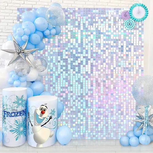 Vista 13 de 12 paneles cuadrados de lentejuelas brillantes para pared color azul claro (Baby Blue) telón de fondo decorativo para fiestas de bodas