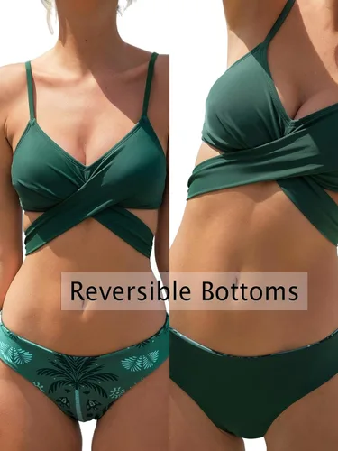 Vista 2 de CUPSHE Conjunto de bikini para mujer, traje de baño de dos piezas, cuello en V, parte inferior reversible de tiro medio