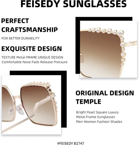 Vista 5 de FEISEDY Gafas de sol cuadradas de gran tamaño para mujer, diseño de perlas, para mujer, 2021, con tonos grandes