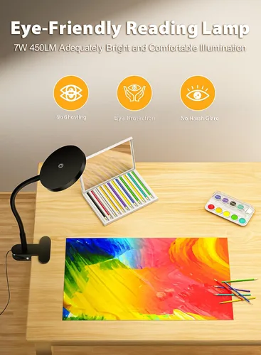 Vista 5 de Luz de lectura con clip negro, luz de libro de 450 LM, CRI95, 3 modos de atenuación continua CRI95 eye-caring LED provides natural lighting for