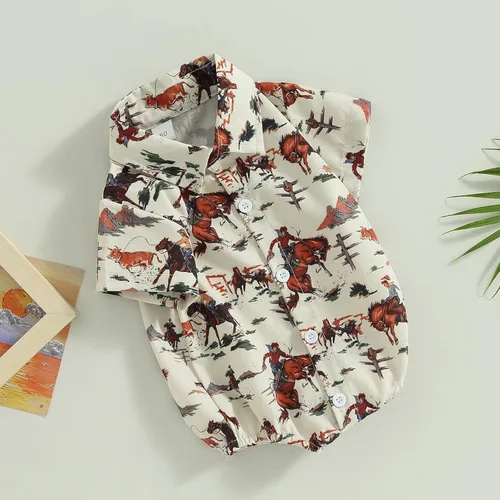 Vista 6 de Lamuusaa Ropa occidental para bebé, camisa de manga corta, con botones, camisa con estampado de vaca, mameluco de verano de 0 a 18 meses