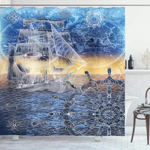 Vista 37 de Ambesonne Cortina de ducha de gaviotas, cielo nublado y gaviota voladora, imagen de meteorología de paisaje nublado, juego de decoración de baño