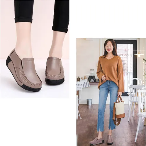 Vista 6 de Mocasines de cuero con plataforma para mujer, transpirables, antideslizantes, con buen arco, para enfermera, para caminar y caminar