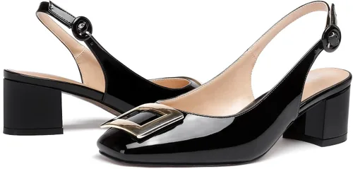 Vista 6 de WAYDERNS Zapatos de tacón bajo grueso con hebilla rectangular de metal dorado para mujer, correa de tobillo y punta cuadrada, 2 pulgadas
