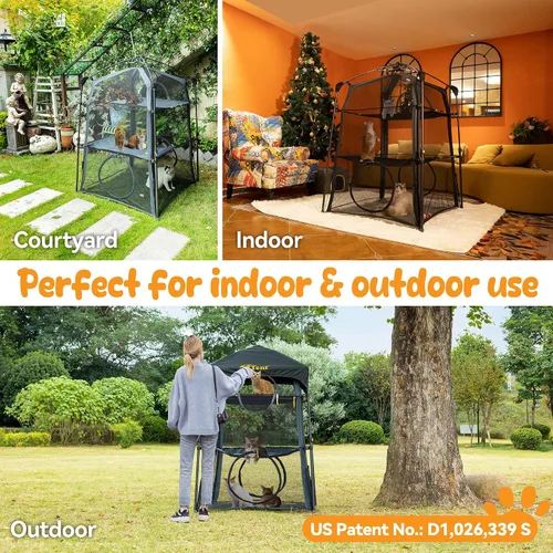 Vista 6 de Cerca para Gatos con Torre y Tienda de Campaña para Gatito y Gato para Interior y Exterior, Jaula para Gatos de 3 Niveles Interior, X-Grande Catio