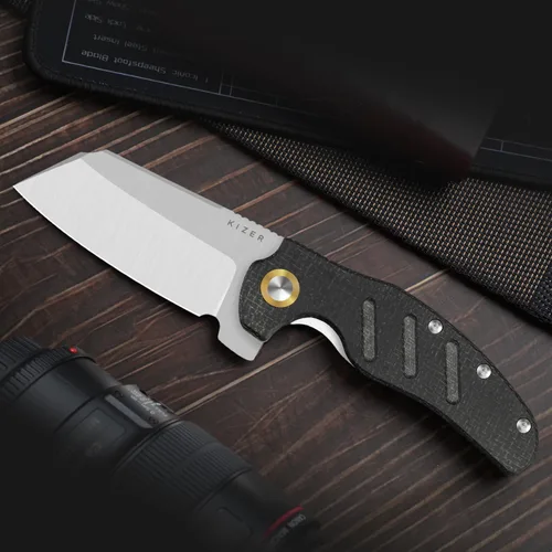 Vista 7 de Kizer C01C XL Cuchillo de bolsillo para perro pastor, 3.9 pulgadas, 14C28N, cuchillo plegable EDC con mango de arpillera negra Norplex UltreX™