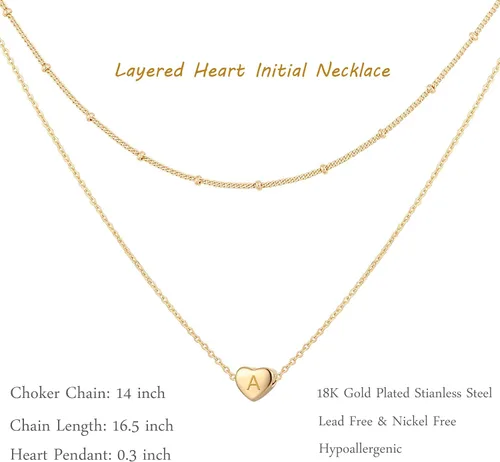 Vista 6 de Glimmerst Collar con inicial de corazón en capas para mujer, chapado en oro de 18 quilates, cadena de cuentas de acero inoxidable, collar