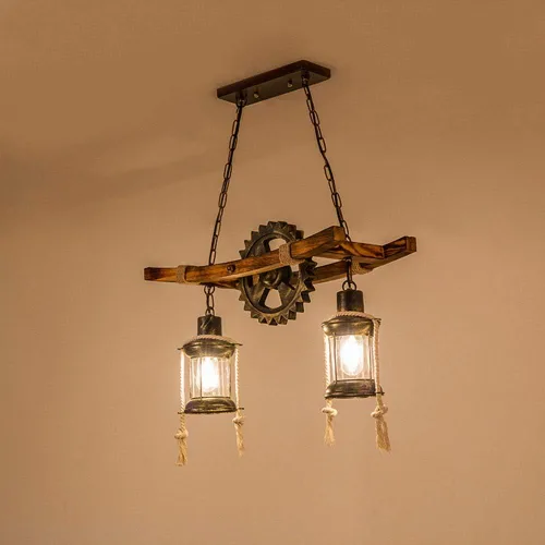 Vista 4 de Lámpara colgante industrial retro de 2 cabezales, con forma de engranaje de granja, personalidad creativa única, lámpara de isla de techo vintage