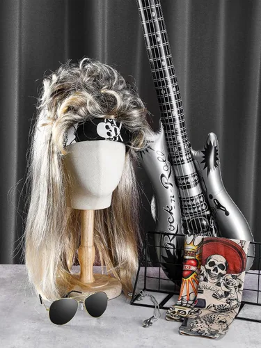 Vista 7 de Mepase Juego de 9 piezas de disfraz de rock de los años 80 para Halloween, peluca de tela con diadema de tela, guantes de manga para tatuaje, puños