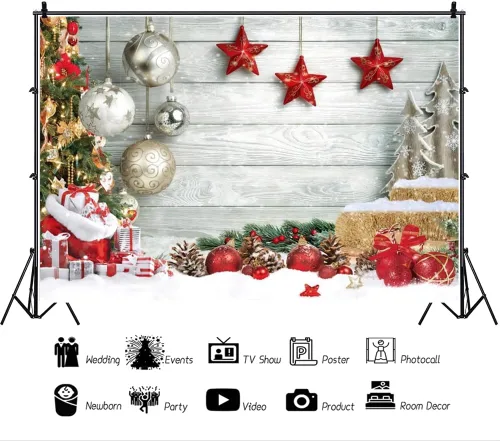 Vista 3 de Leowefowa Fondo de vinilo de 5 x 3 pies para fotos de Navidad, piso de madera blanca, copo de nieve, fondo de fotografía de árbol de Navidad, Año