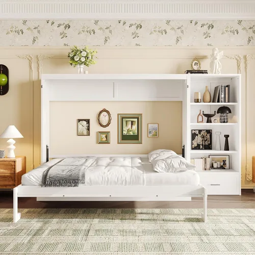 Vista 16 de Cama Murphy de Pared Tamaño Queen con Escritorio en Forma de L, Sofá de 2 Asientos y Luz, Marco de Cama Murphy Tradicional de Madera Maciza