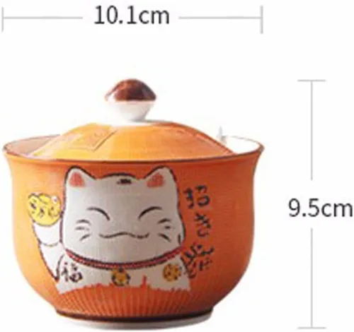 Vista 2 de Cerámica japonesa Maneki Neko Lucky Cat Azúcar Sal Pimienta Tarro de almacenamiento con tapa y cuchara