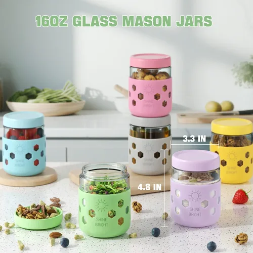 Vista 2 de Paquete de 4 recipientes para avena nocturna con tapas de vidrio engrosado, frascos Mason de 16 oz con fundas de silicona, herméticos a prueba