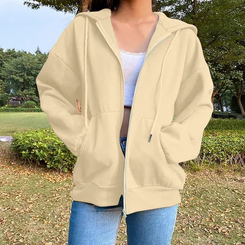 Vista 2 de Comigeewa Sudaderas con cremallera para mujer de manga larga Tops sólidos sudadera ligera novedad con capucha bolsillos