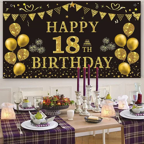 Vista 8 de Trgowaul Decoraciones de cumpleaños número 18 para hombres, pancarta de fondo negro y dorado de 5.9 x 3.6 pies, suministros de fotografía de feliz