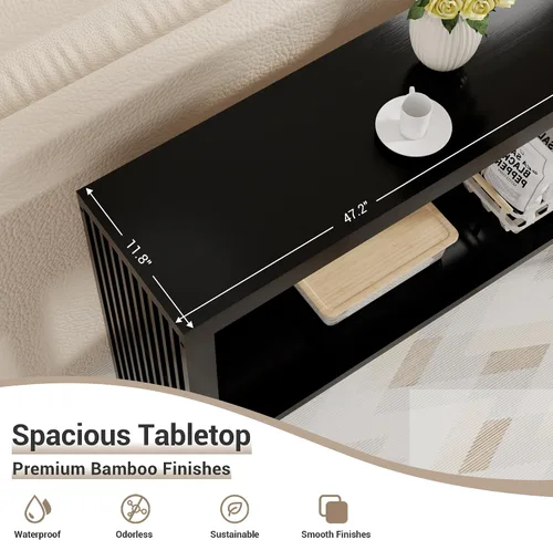 Vista 5 de Mesa de consola de madera de bambú 47.2" Mesa de entrada, mesa de sofá estrecha de granja de 2 niveles con estante de almacenamiento, mesa de sofá