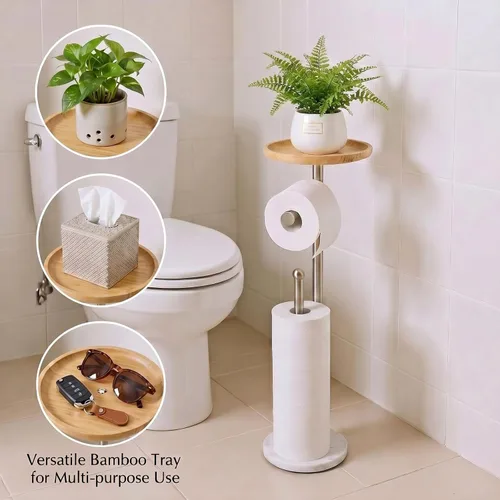 Vista 2 de Soporte para papel higiénico con bandeja grande de bambú de 7.9 pulgadas, base de mármol más pesada de 2.2 libras, soporte de papel de pie