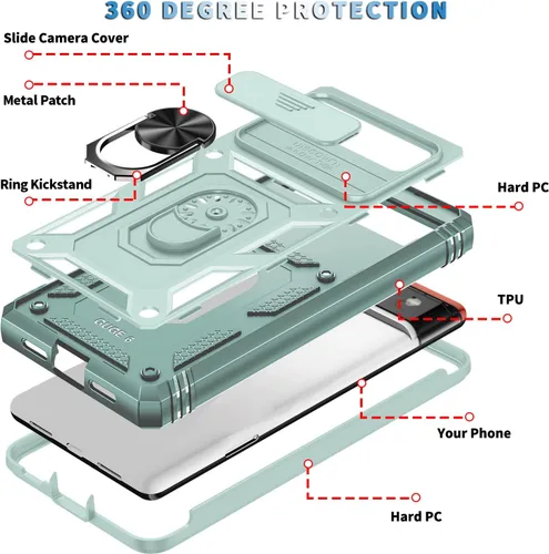 Vista 4 de Fetrim Caso para Google Pixel 6, Caja Del Teléfono De La Cubierta De La Cámara Con Soporte De Anillo De Rotación Para Google Pixel 6 - Verde