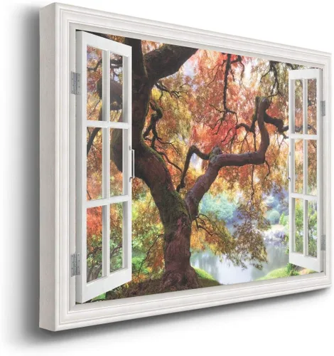 Vista 2 de Renditions Gallery Lienzo de arte de la naturaleza, vista de ventana, imágenes de árbol de bosque naranja y verde sobre un lago, impresiones