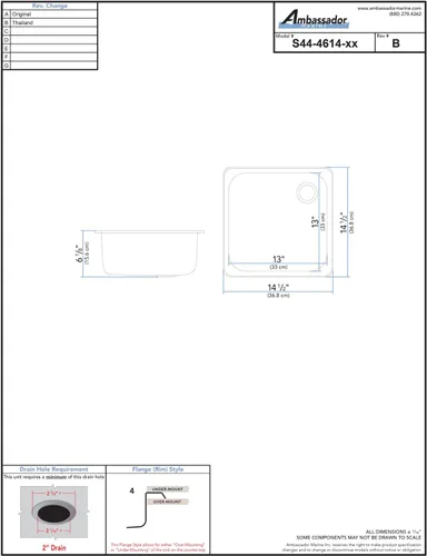 Vista 3 de AMBASSADOR MARINE Fregadero rectangular de acero inoxidable 304 GRADE – cepillado, 14-1/2" x 14-1/2" x 6" de profundidad (S44-4614-BR-W)