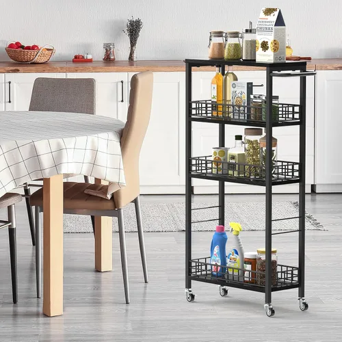 Vista 5 de Carrito de almacenamiento delgado de 4 niveles, carrito de cocina rodante, carrito de servicio utilitario, carrito estrecho para lavandería con asa