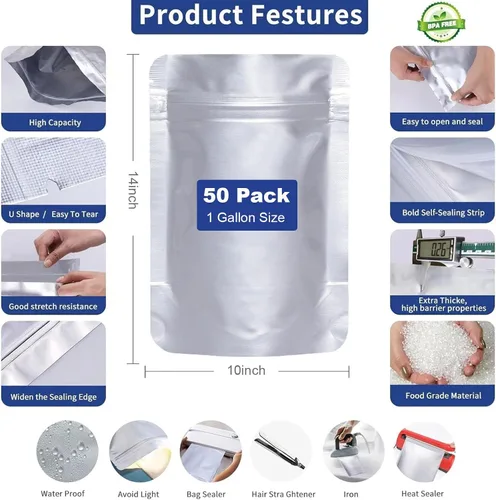 Vista 7 de 50 bolsas de Mylar de 1 galón, bolsas de Mylar de 10 x 14 pulgadas con absorbentes de oxígeno (50 x 500 cc) para almacenamiento de alimentos, bolsa