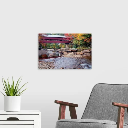 Vista 3 de GREATBIGCANVAS Lienzo decorativo de otoño con puente cubierto de Nueva Inglaterra, arte de decoración del hogar, fotografía de paisaje para oficina