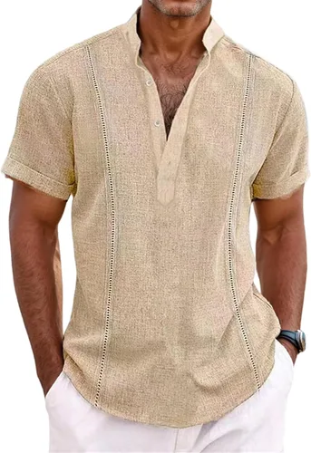 Vista 4 de Camisas de guayabera cubana para hombre, camisa casual de lino de manga corta, camisas mexicanas hawaianas con botones para playa y verano 2025