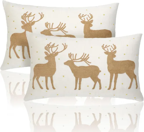 Vista 7 de Lewondr Funda de almohada decorativa de terciopelo suave de Navidad, paquete de 2, con bordado de ciervos, lujosa funda de cojín para sofá