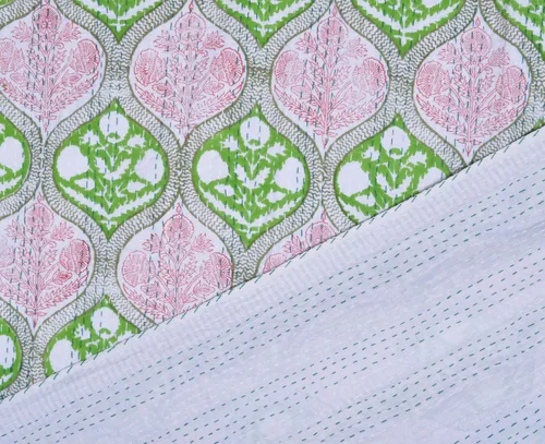 Vista 6 de Colcha Kantha de algodón con estampado de bloques de mano india, tamaño individual, 90 x 60 pulgadas