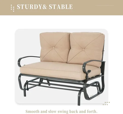 Vista 9 de SUNCROWN Silla mecedora al aire libre, silla mecedora de 2 asientos para patio, sofá biplaza con cojines, muebles de marco de acero, color marrón