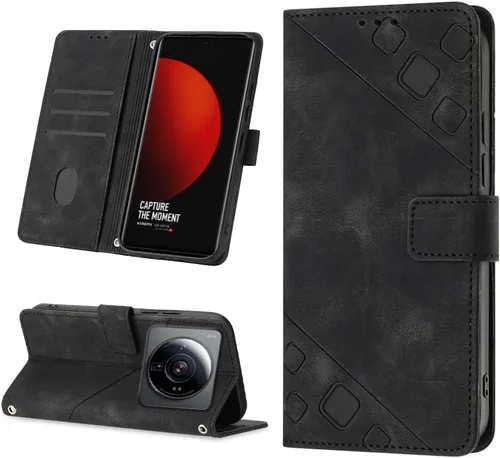 Vista 2 de Flip Case for Xiaomi 12 Ultra/12S Ultra,Skin Feeling Embossed Solid Color Premium Leather Wallet Case with Hand Strap