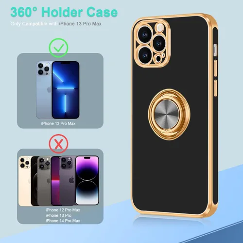 Vista 7 de Fingic - Funda para iPhone 13 Pro Max con soporte giratorio de 360° Shiny Gold Edge Slim Soft TPU Shockproof Protective Phone Case for Women Men