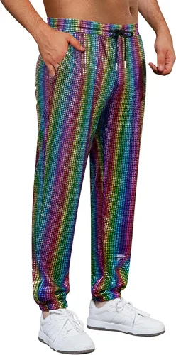 Vista 2 de WULFUL Pantalones deportivos metálicos para hombre, disfraz de discoteca de los años 70, con lentejuelas