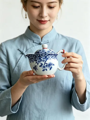 Vista 5 de Tetera pequeña de 12 onzas, tetera de porcelana azul y blanca con filtro de acero inoxidable para té suelto (flores de maceta embellecen)