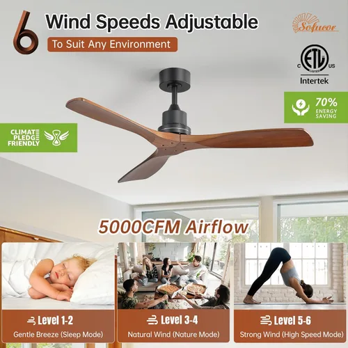 Vista 2 de Sofucor - Ventilador de techo de 52 pulgadas sin luces, moderno, de madera maciza, con control remoto, 5000 CFM de alto flujo de aire, motor CC