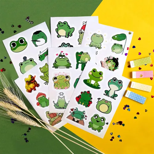 Vista 4 de BulbaCraft Conjunto de calcomanías de ranas kawaii, 50 piezas de vinilo verde y blanco para niños, impermeable, resistente a los arañazos, uso