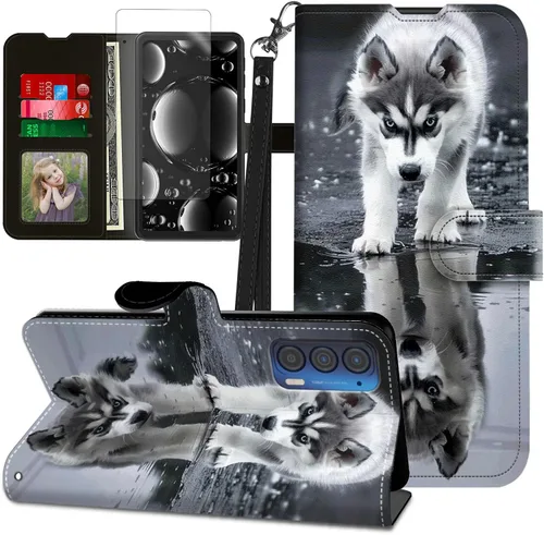 Vista 367 de Funda para Motorola Edge 2022 con protector de pantalla, soporte y tarjetero y correa para la muñeca, funda magnética para Moto Edge 2022 5G UW Lobo